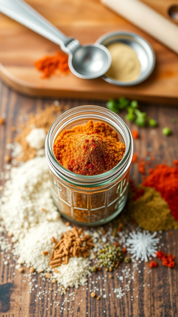 A jar of homemade all-purpose seasoning powder with spices on a wooden board.